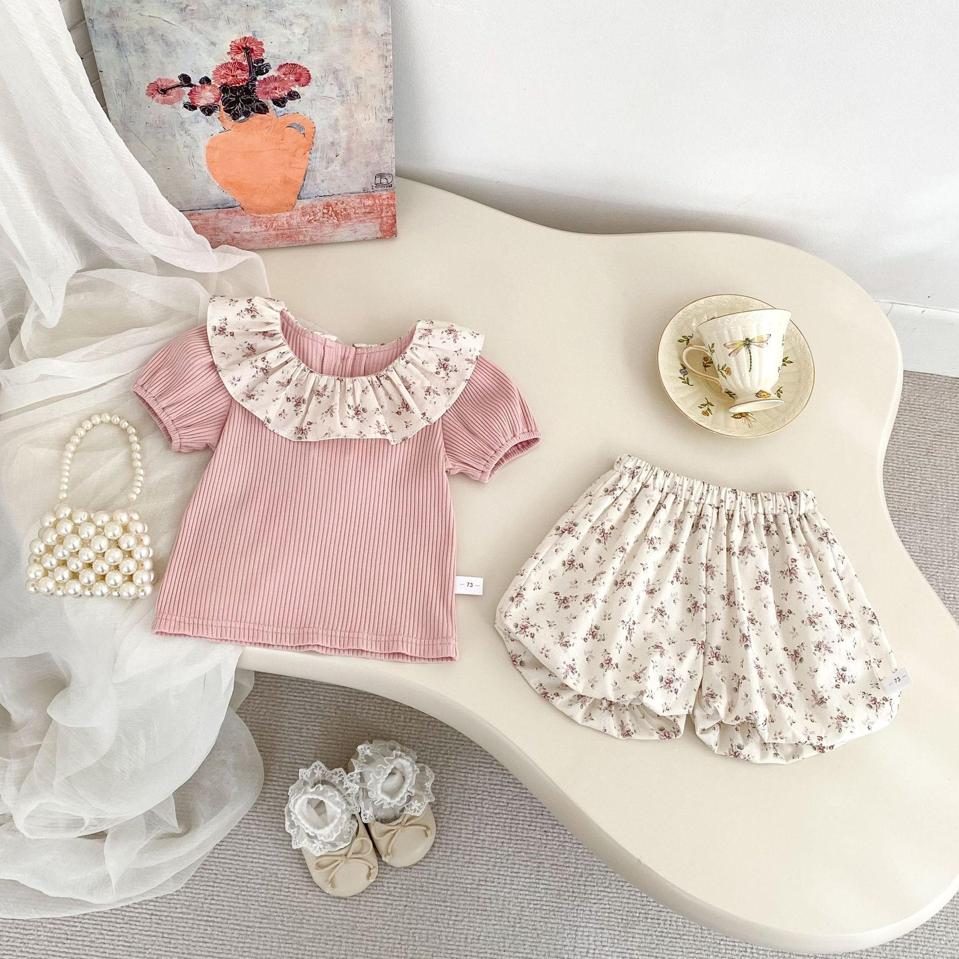 Summer Baby Girl Floral Short Sleeve Top with Bloomer Shorts Set 73