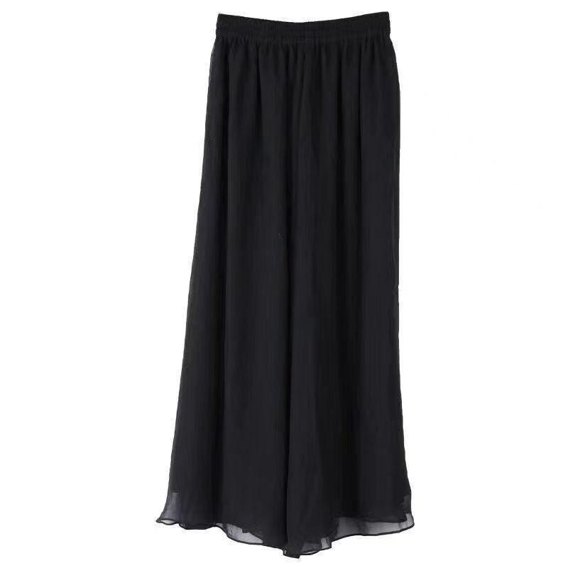 Women's Wide-Leg Chiffon Pants: Flowy, Elastic Waist, Long Cropped Skirt-Pants
