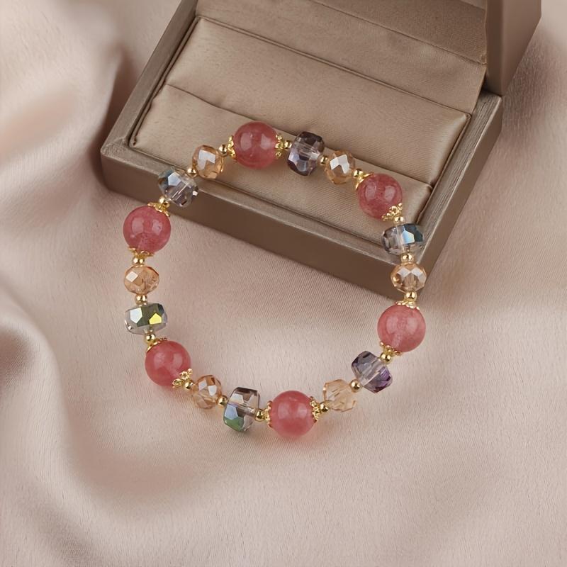 Bohemian Style Lucky Bracelet with Pinkish-Purple Glass Beads & Multicolor Artificial Crystal Accents - Unisex Fashion Jewelry for Daily Wear