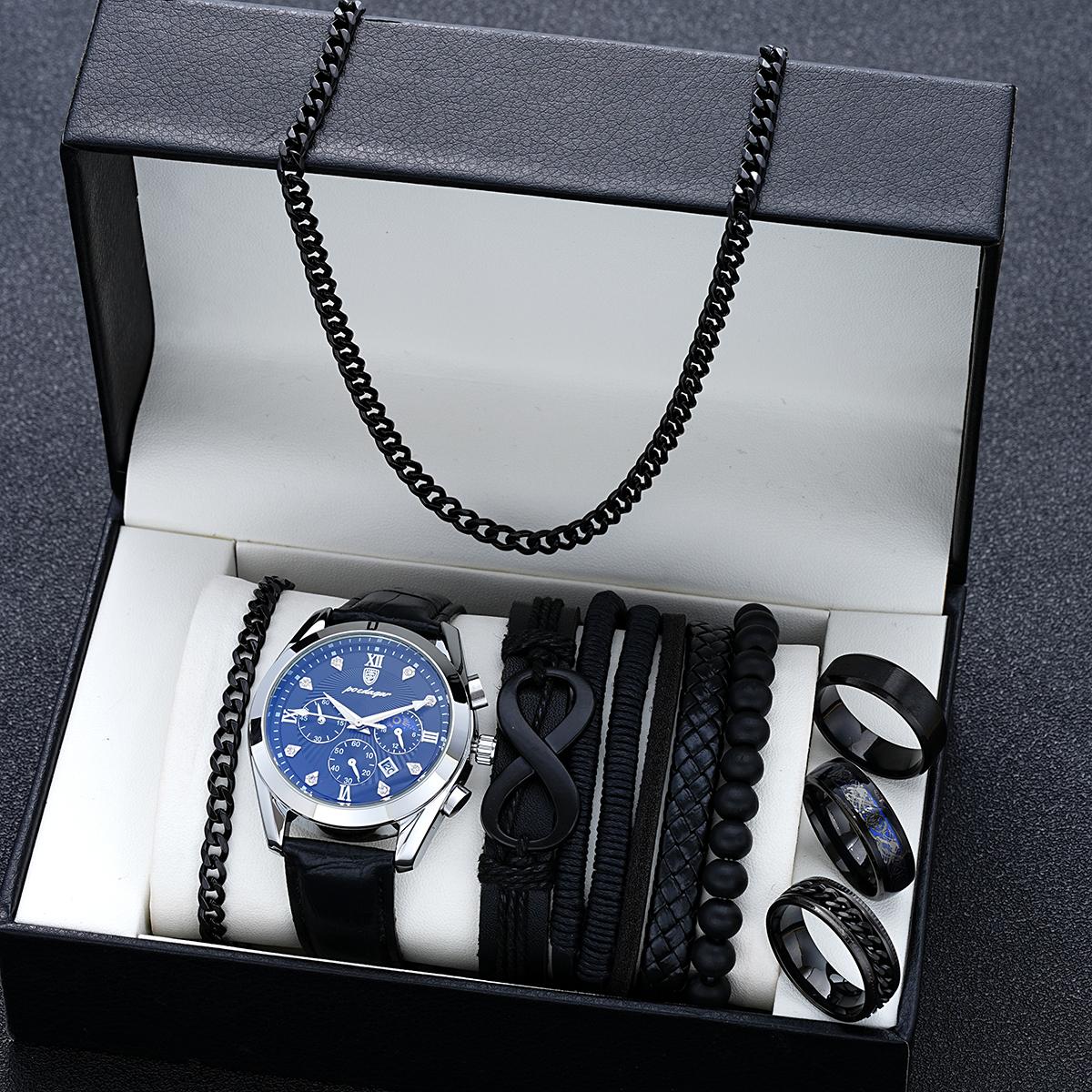 

10 Pcs/Set Fashion Stainless Steel Watches Necklace Bracelet Pu Leather 8 Shape Beaded Bracelet For Men Business Quartz Watch