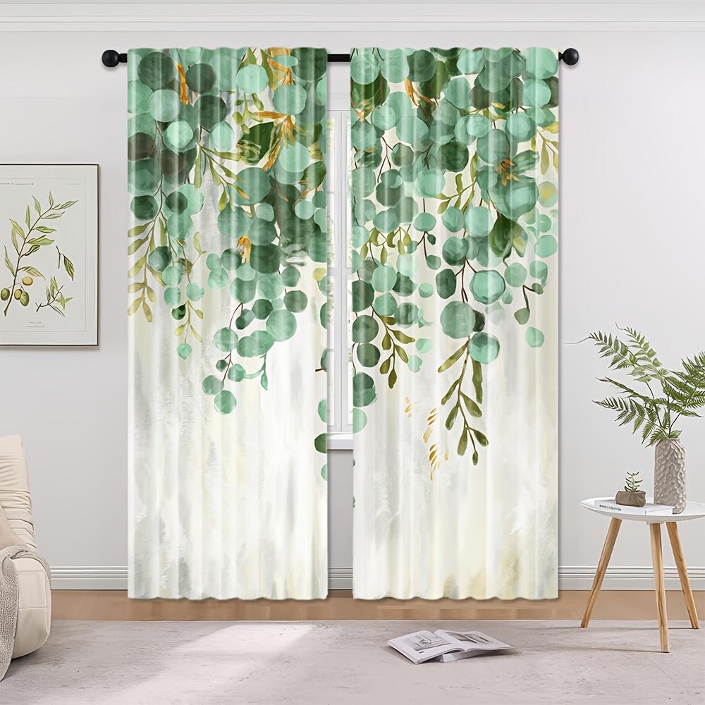 Set Of 2 Elegant Green Plant Print Curtains Spring Bedroom Decor Semi Transparent Polyester Fabric Botanical Design Rod Curtain For Made