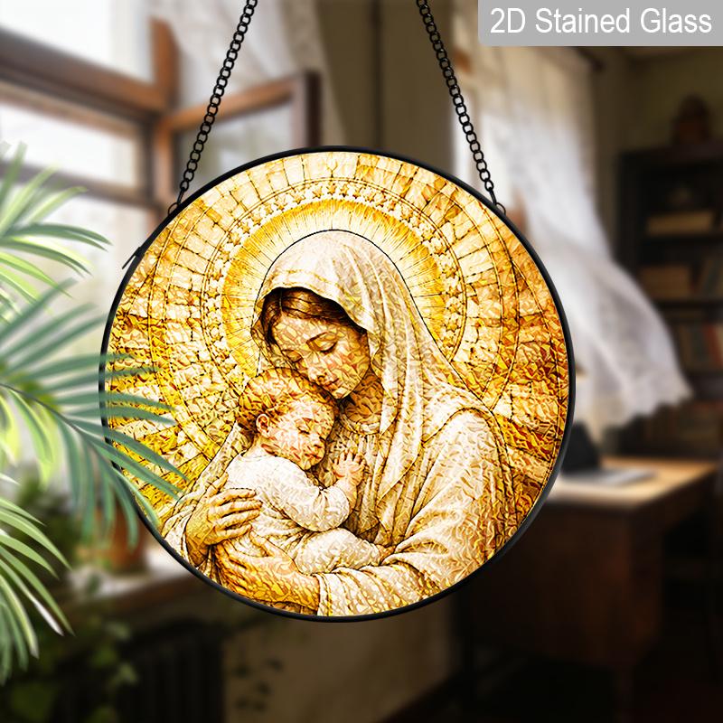 2D Flat Stained Glass Suncatcher, 6.3/7.87 Inch Virgin Mary Stained Glass Suncatcher, Our Lady of Lourdes Window Hanging, Wall Hanging Catholic Home