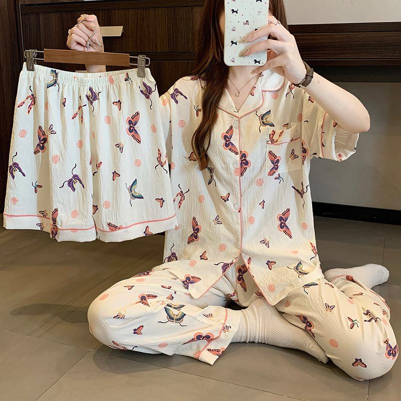 French Premium Butterfly Cloud Cotton Pajamas Women'S Summer Short-Sleeved Three-Piece Casual Lazy Style Loungewear