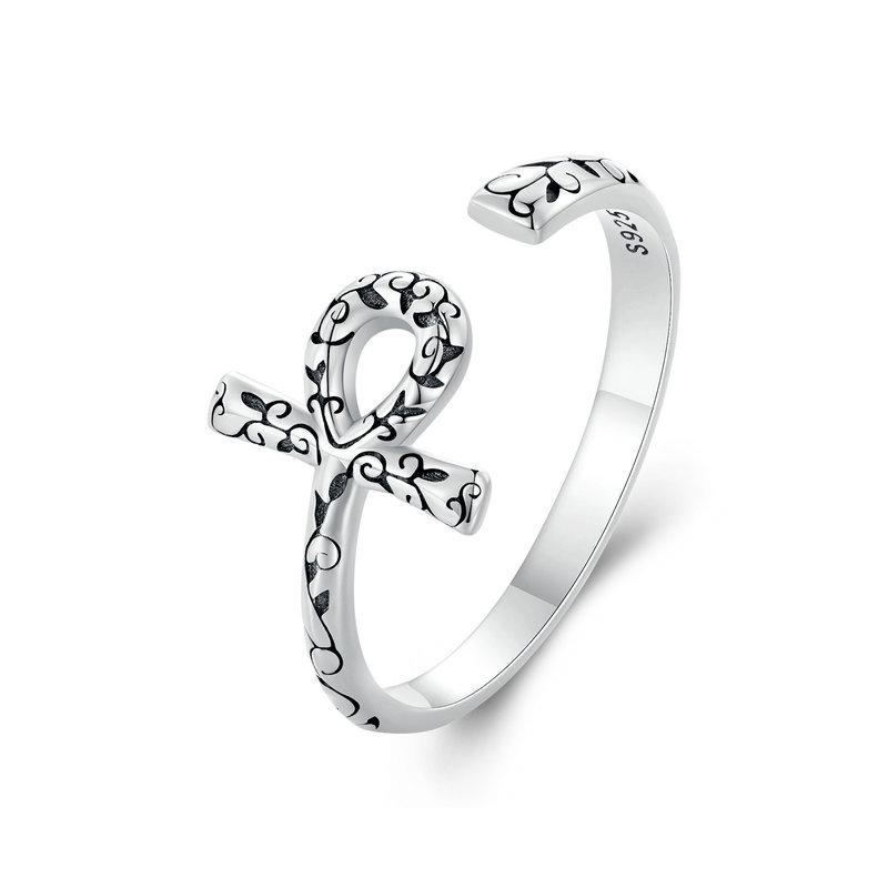 WOSTU Real 925 Sterling Silver Ankh Egyptian Cross Opening Rings for Women Retro Vine Sizeable Rings Best Birthday Jewelry Gift