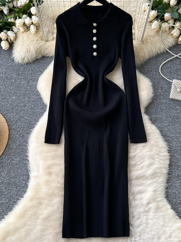 

Осеннее французское ретро трикотажное элегантное платье женское дизайнерское однобортное платье с лацканами женская мода повседневная однотонная тонкая одежда M чёрный