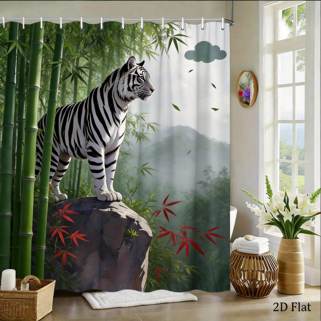 Bengal Tiger Shower Curtain Mountain Landscape Print with Flowers Polyester Bath Curtain with Hooks for Nature Decor