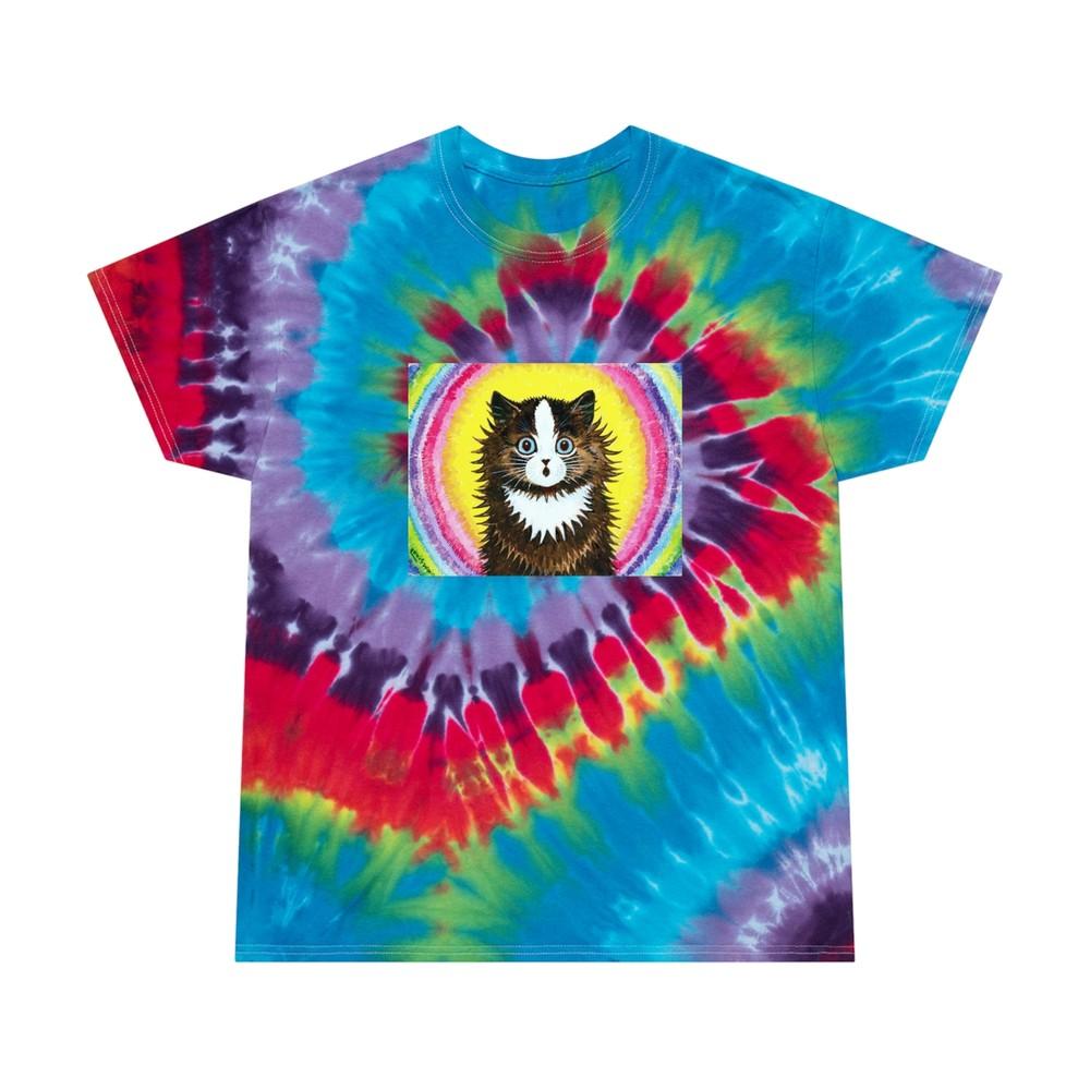 

cat in a rainbow on a tie-dye tshirt, louis wain reproduction tee M