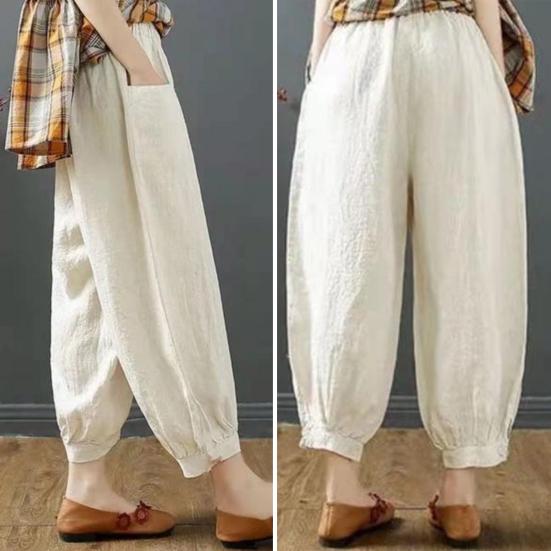 Lantern Pants Summer Elastic Waist Solid Color Cotton Linen Dual Pockets Ankle Length Loose Fit Women Harem Baggy Trousers Daily Wear