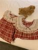 Korean-Style Red Plaid Cotton Nightgown with Lace Trim 