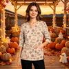 Women's Casual V-Neck Scrub Top with Pockets and Side Slits, 3/4 Sleeve Halloween Print