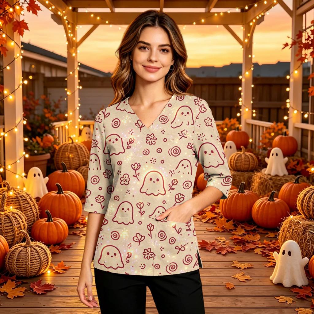 Women's Casual V-Neck Scrub Top with Pockets and Side Slits, 3/4 Sleeve Halloween Print