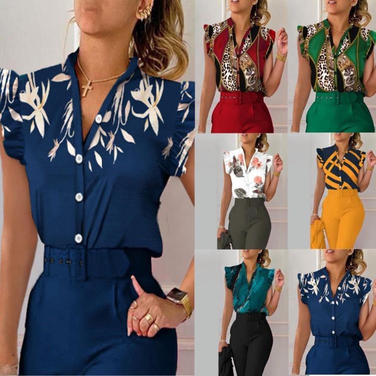 

2023 Women’s Summer Printed V-Neck Button Shirt with Petal Sleeve S