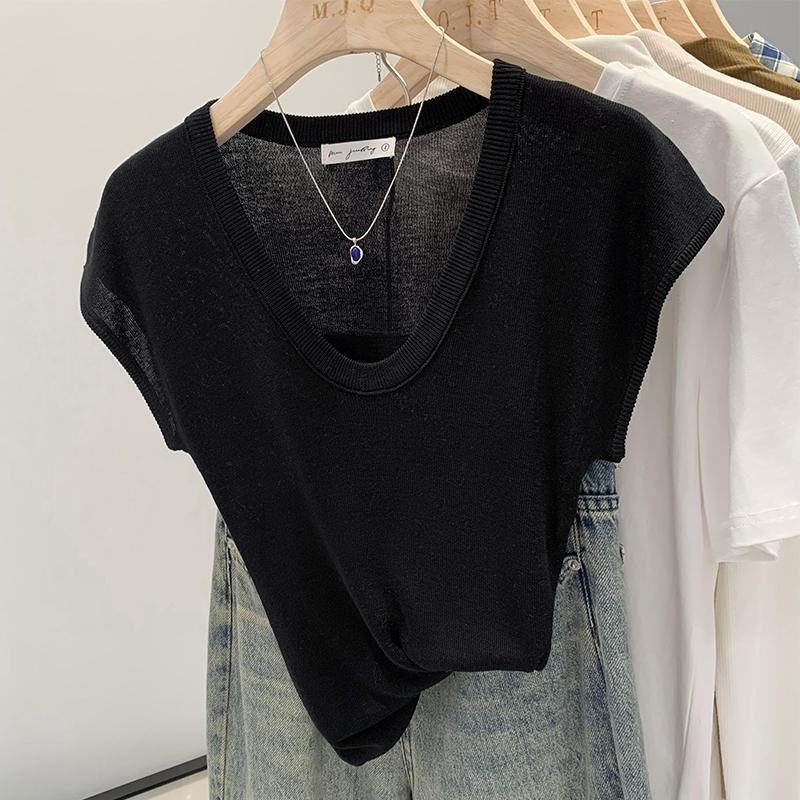 

Женская одежда Лето 2024 Новые Все сочетающиеся Однотонные Модные Минималистичные Футболки с круглым вырезом и коротким рукавом Облегающие Трикотажные Топы XXXL чёрный