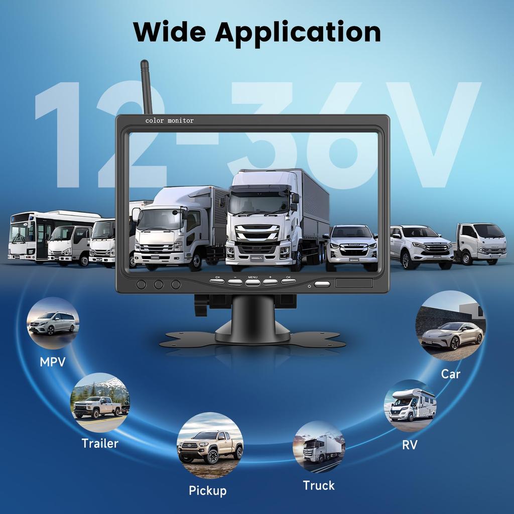 Hodozzy Wireless Backup Camera System HD Rear View Monitor with Blind Spot Super Night 1080P IP68 Waterproof Wireless Rear View Camera Wireless for