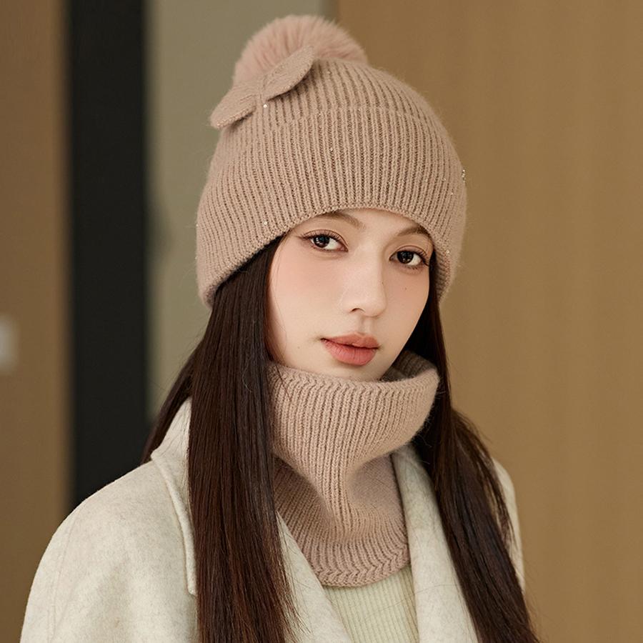 

Вязаная шапка из кроличьей шерсти, комплект из шарфа, женская зимняя защитная шапка с бантом и ушами розовый