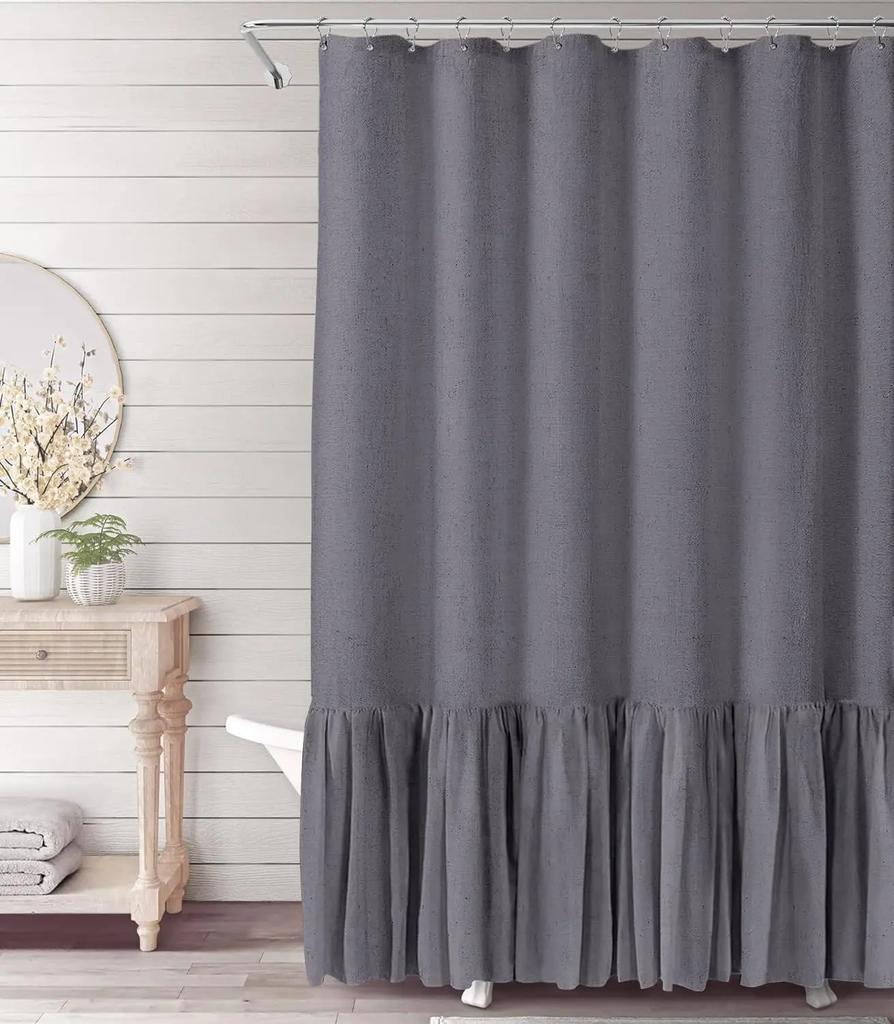 Cortina de Ducha Lisa de Lino Algodón con 12 Ganchos Impermeable Floral Volante Falbala Borde con Volante Festón Bajo Festoneado Decoración Baño Aseo