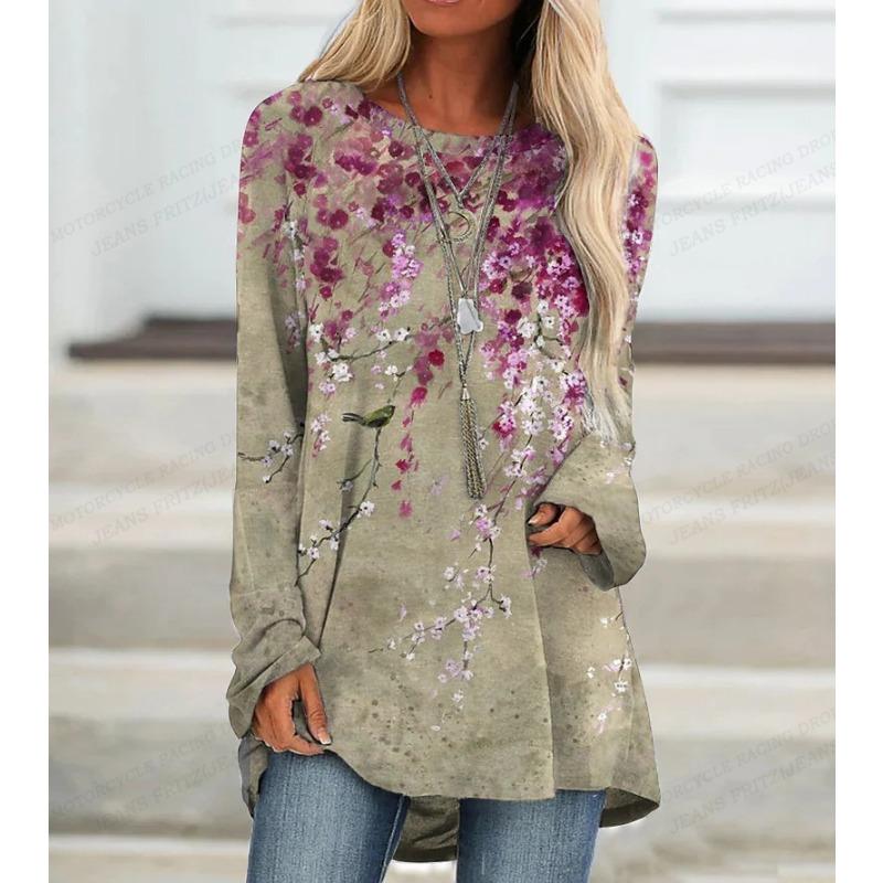 Women T-shirt Summer Floral Print  Fashion Long Sleeve Tshirt Essential Tops Tees Ladies Flower