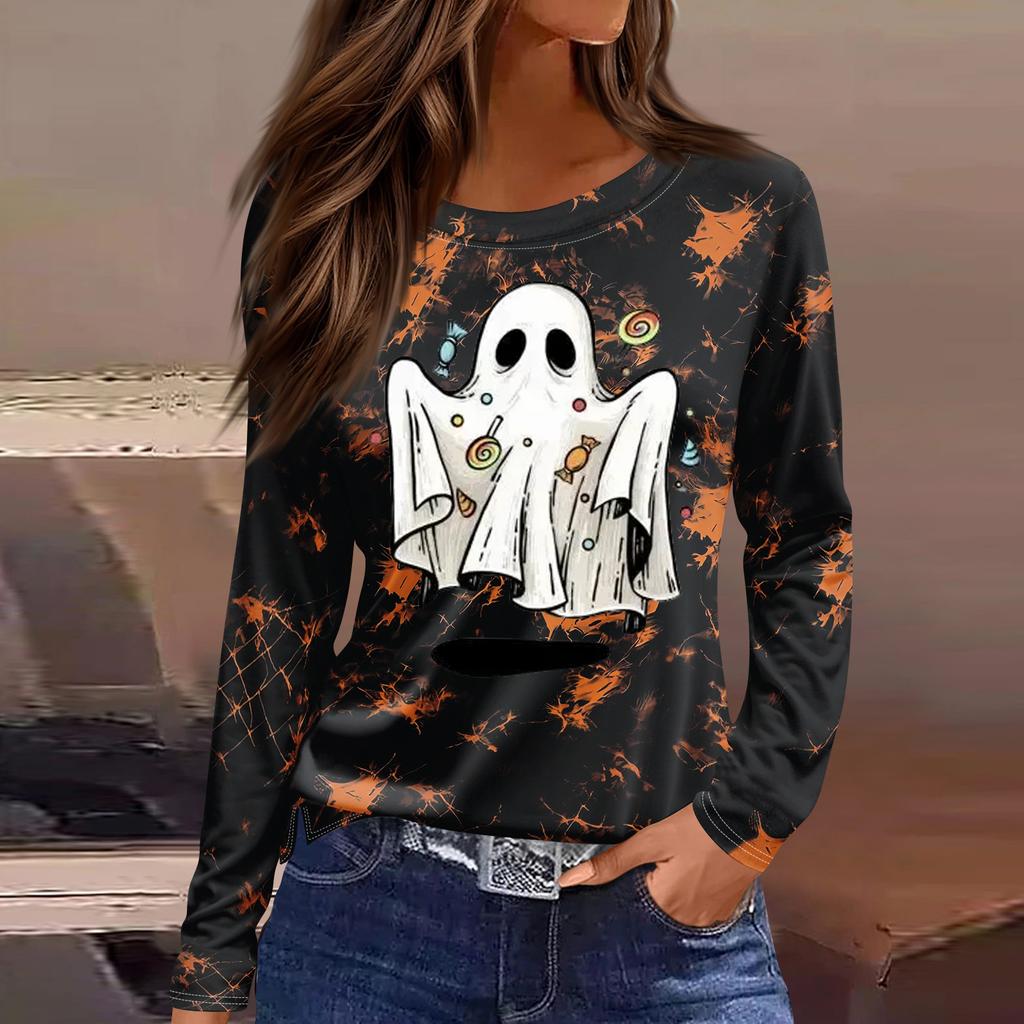 Women's Long Sleeve Round Neck Top with Halloween Print and Side Slit Hem