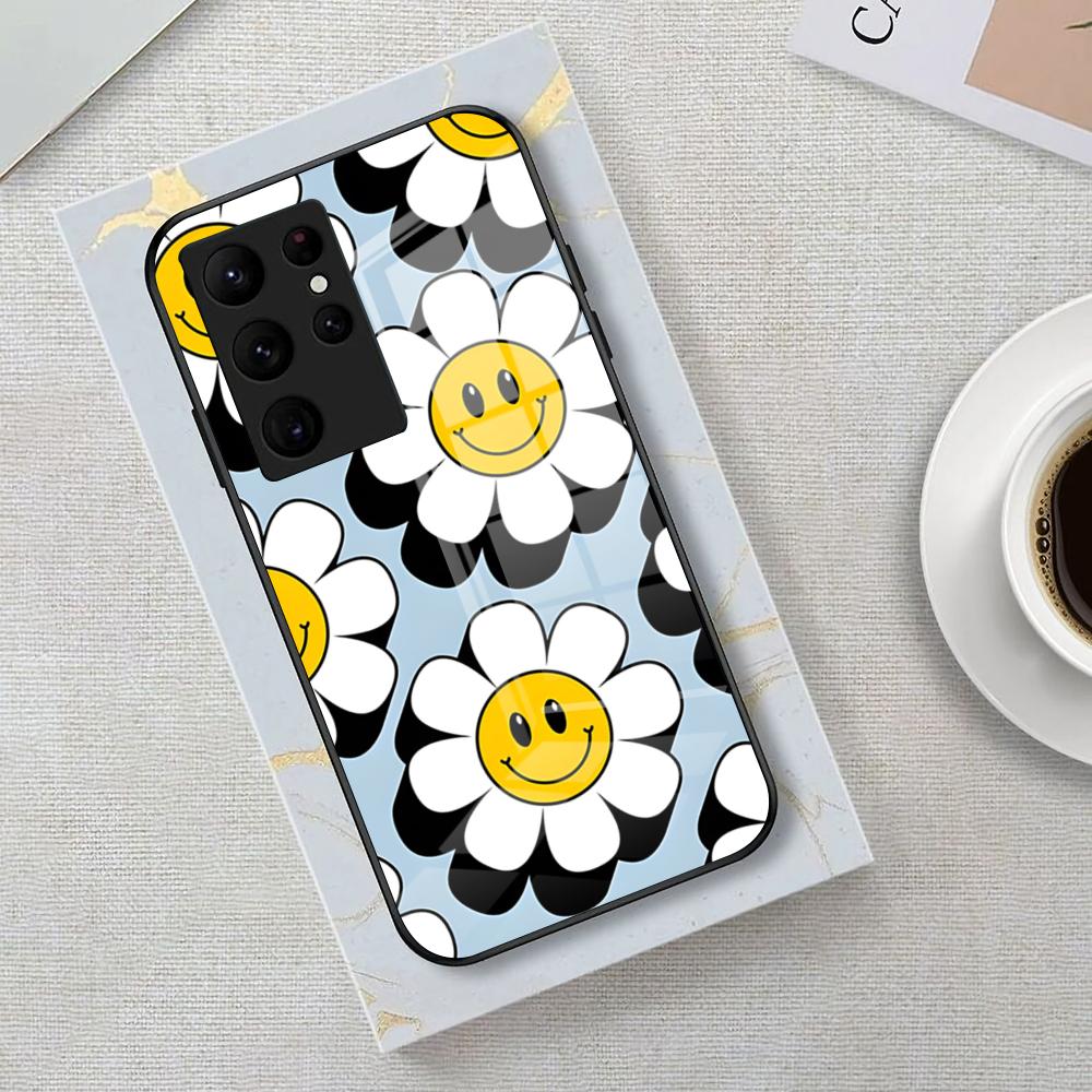 Sunflower Smiley Face Phone Case For Samsung S26 S25 Edge Ultra 23 22 21 20 Ultra Plus S24 Fe Glass Cover