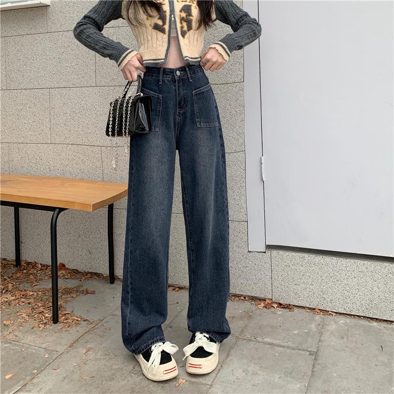 

Retro Loose Straight-Leg Jeans: European & American High-Street Vibe, Slimming, Wide-Leg Draped, Floor-Length for Spring & Autumn S серый/синий