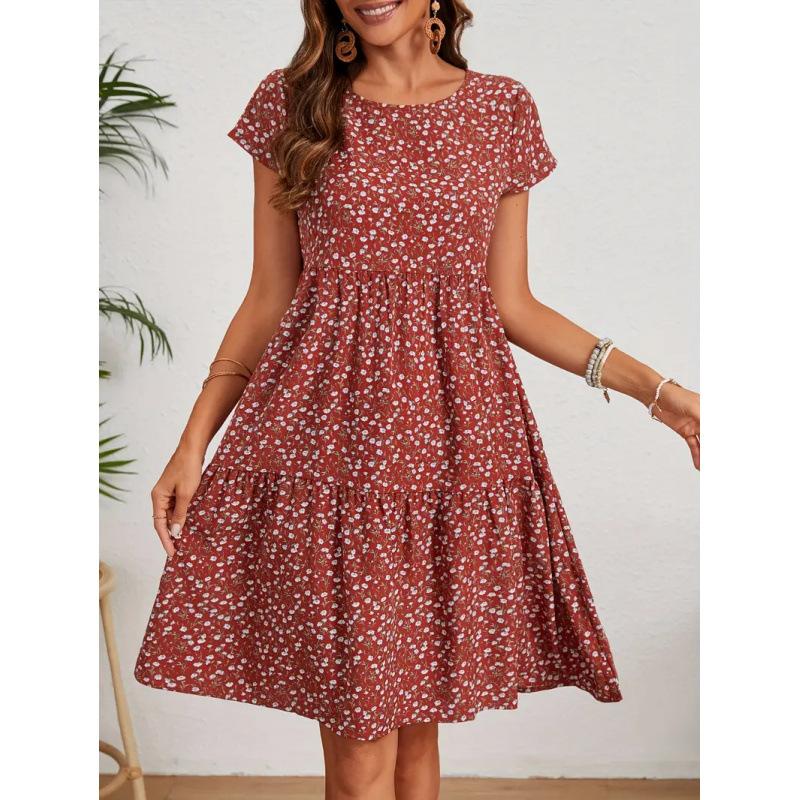 Women's Spring&Summer Printed Round Neck Short Sleeve Dresses