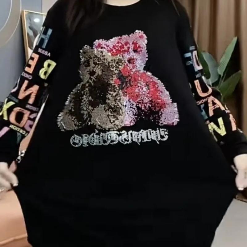 Autumn and Winter Plus Velvet Thickened Fashion Loose Sweater Diamond Bear Round Neck Top Women
