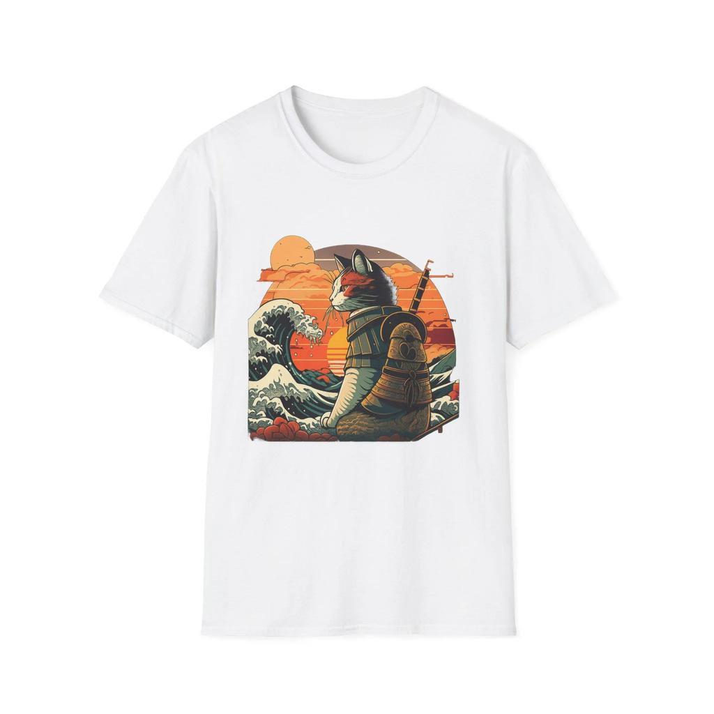 Samurai Cat T-Shirt Japanese Wave Retro Sunset Anime Tee Cool Aesthetic Streetwear Shirt Best seller shirt Top selling t shirt