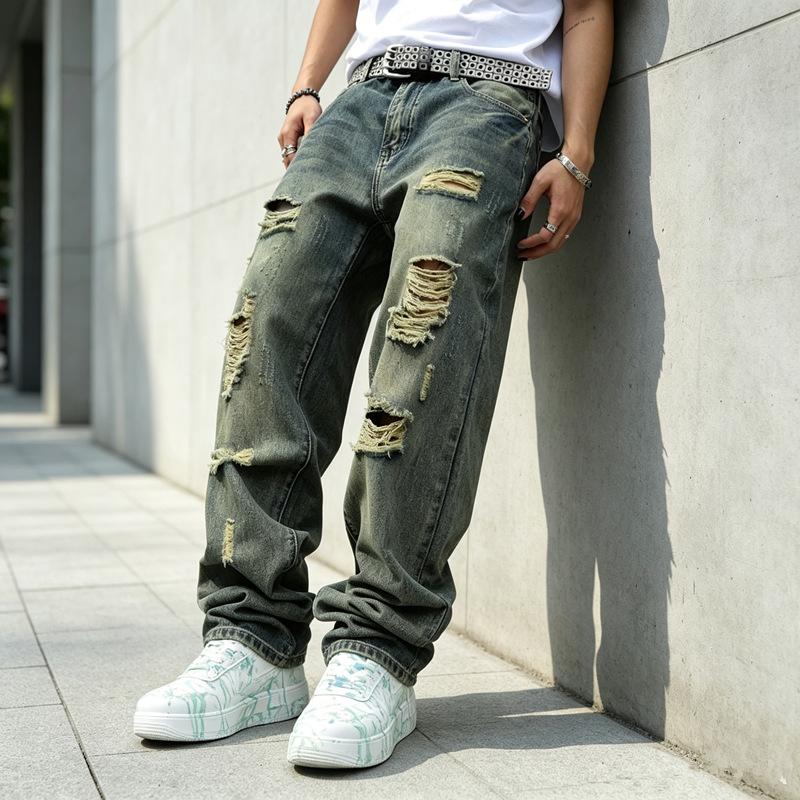European and American Men's Jeans New Trendy High Street Ripped Old Non-elastic Loose Straight Trousers