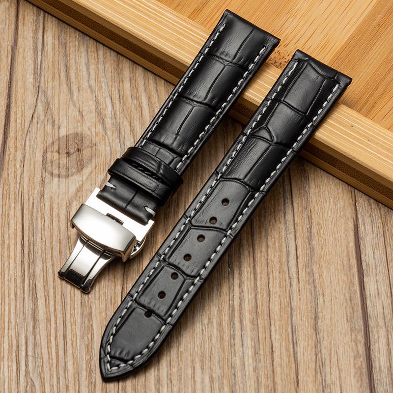 Bamboo Pattern Genuine Leather Watch Strap with Soft Cowhide and Butterfly Buckle for Men and Women