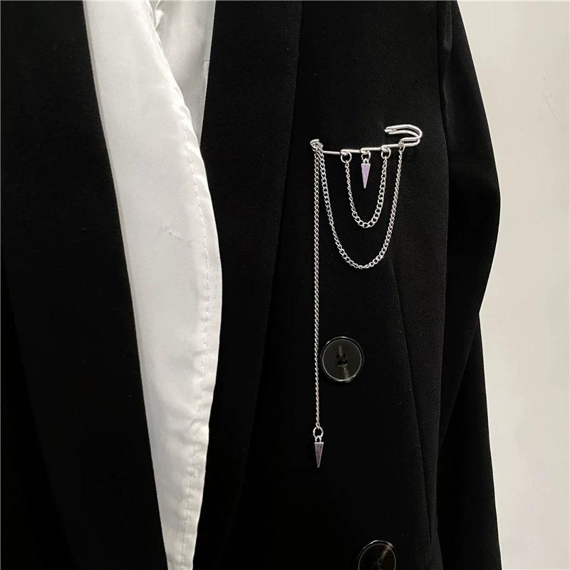 Korean Style Metal Star Chain Brooch for Women Men Suit Decoration Tassel Chain Metal Beads Pin Cloth Jewelry Accessories