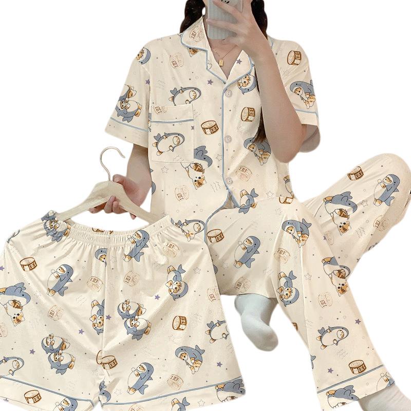 Spring And Summer Senior Pajamas Women'S Cardigan Cute Cartoon Short-Sleeved Three-Piece Loungewear Set Can Be Worn Outside