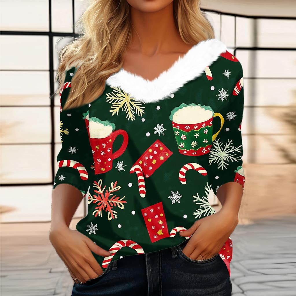 Women's Fashion Long Sleeve Christmas Print Party Collar V-Neck Top