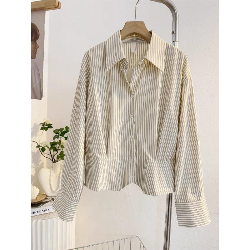 Trendy Cropped Striped Blouse Puff Sleeve Oversized Collar Shirt Daily Fashion Wear For Women