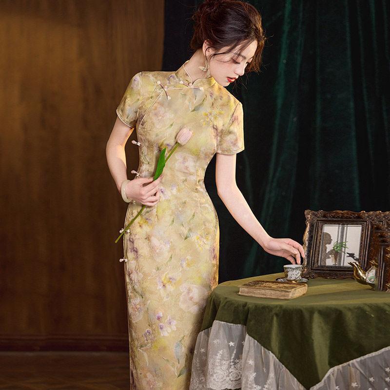 Yellow national style new Chinese style Suzhou daily long cheongsam improved young 1011 new women's high-end catwalk
