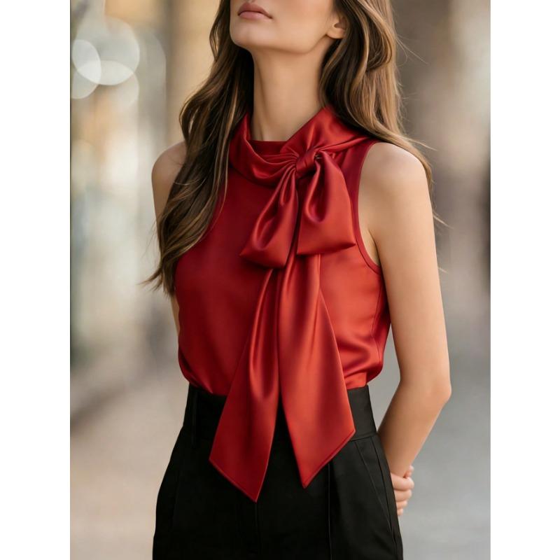 Womens Red Sleeveless Satin Blouse With Bow Neck Detail Elegant Formal Casual Top