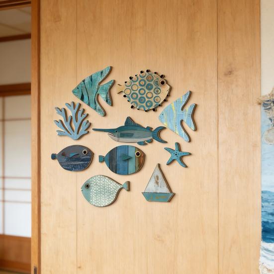 10Pcs Wooden Fish Wall Decoration School of Fish Beach Lake House Bathroom Wall Art Nautical Coastal Ocean Theme Hanging Ornament