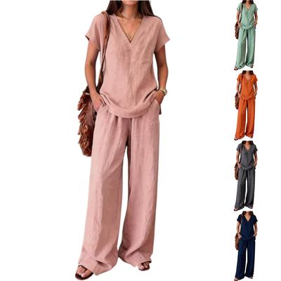 Women Cotton Linen V-Neck Top and Wide Leg Pants Set 2-Piece Outfit