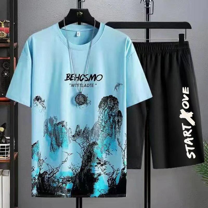 National Tide Clothing Men's Spring and Summer Thin Tie-dye Short-sleeved National Style Landscape Painting Round Neck Casual Suit