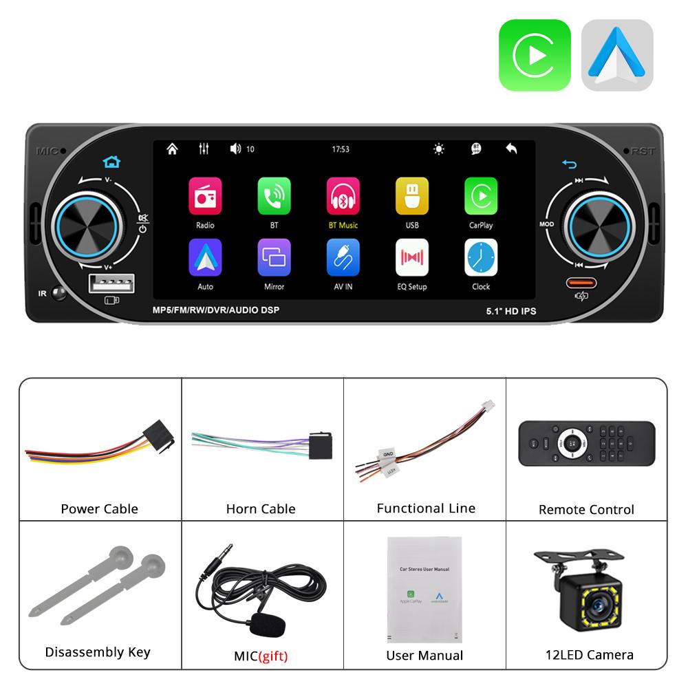 General 1 Din Car Radio MP5 IPS HD Player Support Wireless Carplay Android Auto Bluetooth FM AM RDS Stereo USB WIFI Video Player 5.1In Digital Display