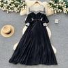 French heavy industry embroidered bead sequin mesh stitching lantern sleeve strap waist pleated dress women's high-end long dress