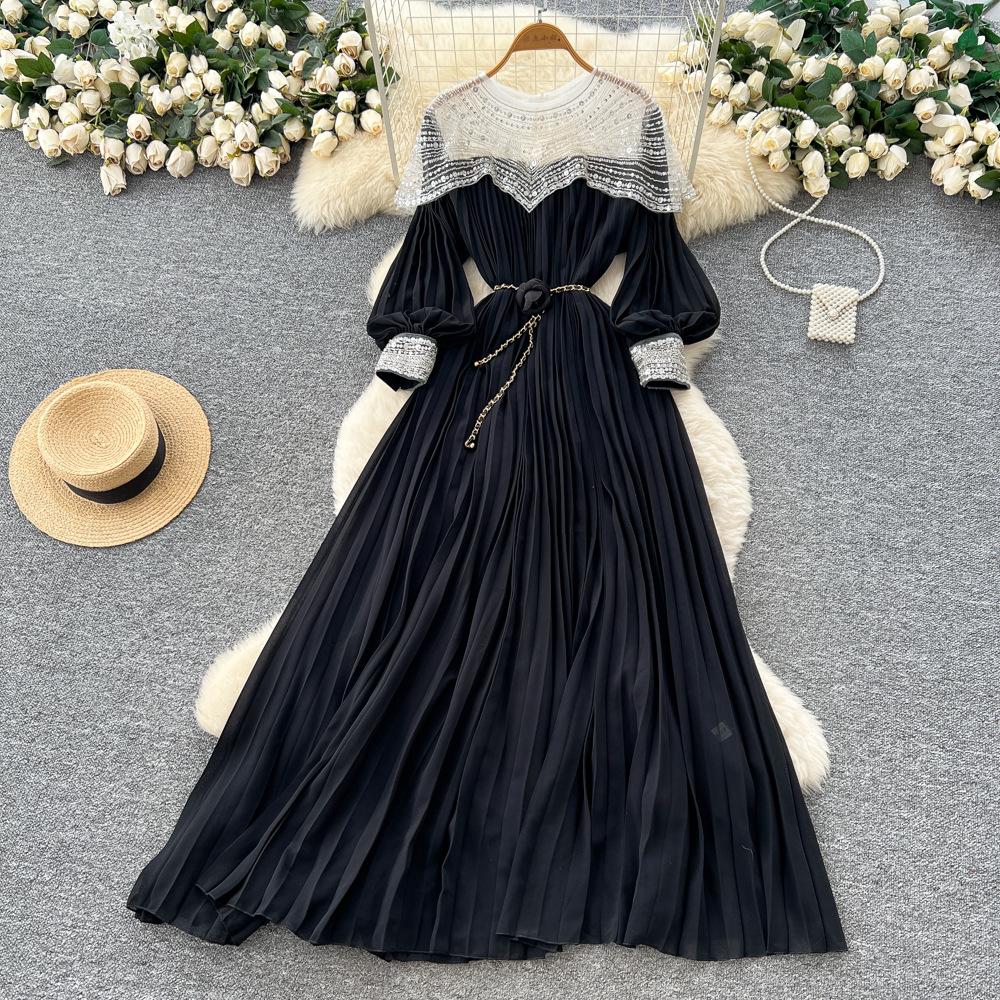 French heavy industry embroidered bead sequin mesh stitching lantern sleeve strap waist pleated dress women's high-end long dress