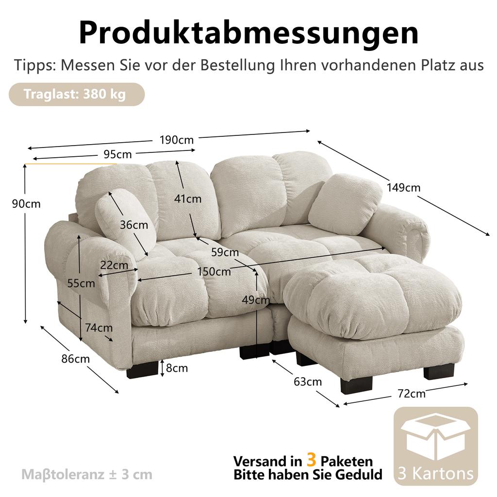 2-Seater Chenille Sofa, L-Shaped Modular Corner, Quilted Design, Thick Seat Cushions, with Mobile Ottoman, Easy To Assemble, Light Khaki
