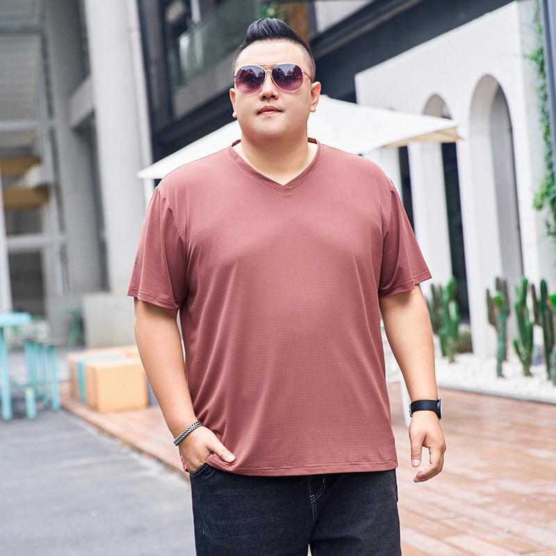 Summer Short Sleeved T-shirt for Men's V-neck Plus Size Ice Silk Solid Color T-shirt