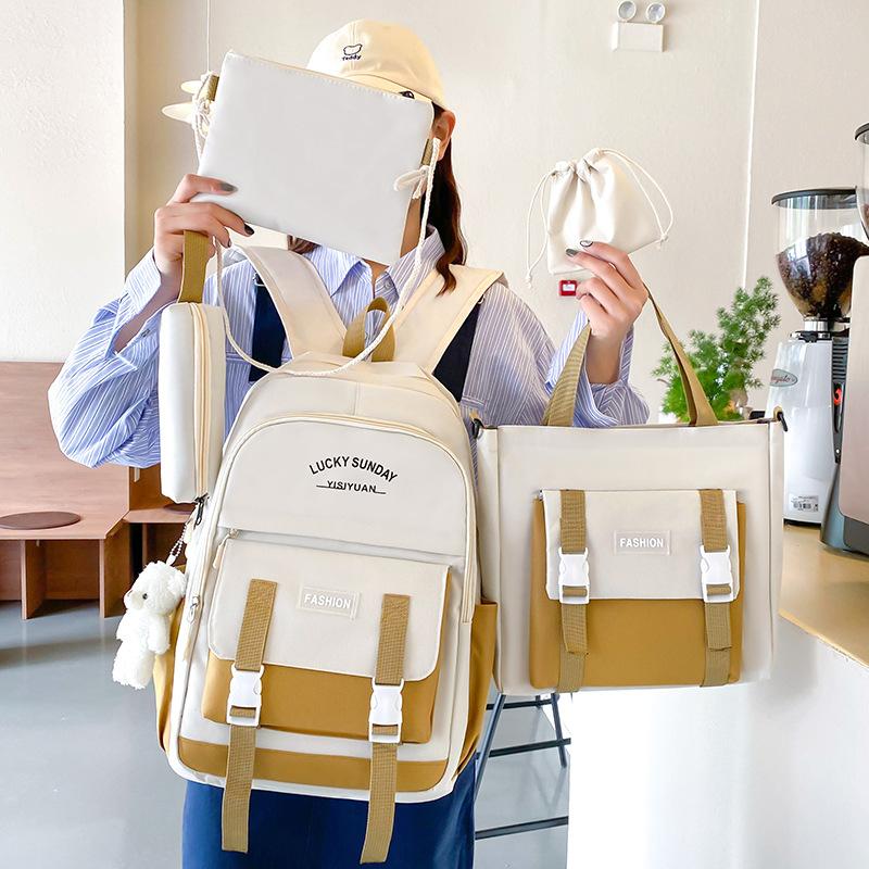 Simple Schoolbag Women's Lightweight Large-capacity Backpack, Primary School Junior High School Portable Make-up Backpack Five-piece Set