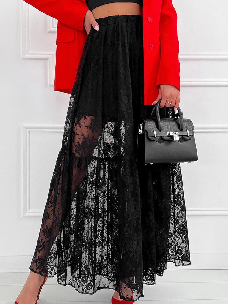 Women's Lace Midi Skirt, Elastic Waist And Long A-line Skirt, Multifunctional And Fashionable