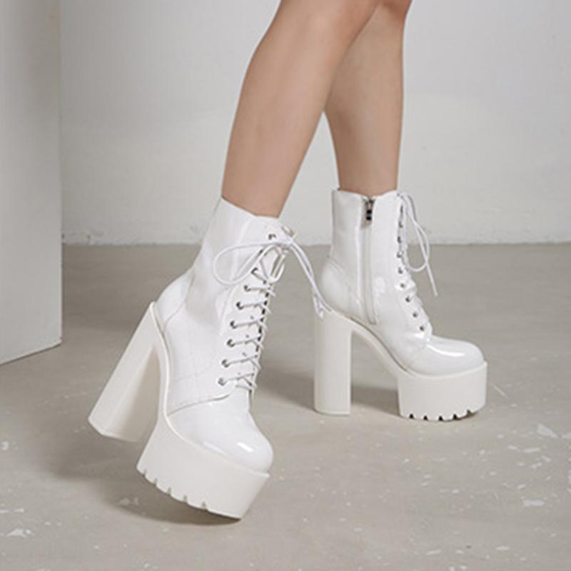 Fashion Ankle Boots Round Toe Block High Heel 14cm Platform Zipper Lace Up Plus Size 35-43 Party Booty Solid Platform Boots Ladies Shoes
