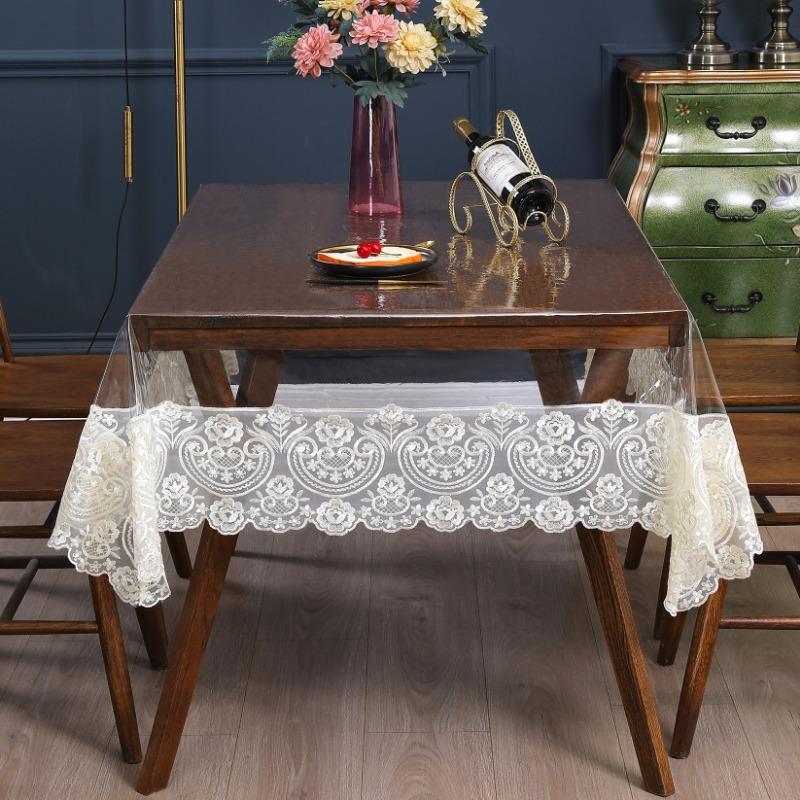 PVC Waterproof Soft Glass Transparent Table Cloths Rectangular Plastic Round Tea Table Lace Dust Table Cover Wedding Party Decor