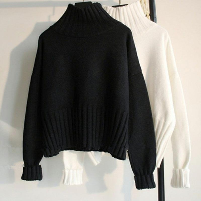 Lucyever Pulls Femme Automne Hiver Noir Blanc Doux Épais Coupe Ample Tricotés Pullovers Femme Manches Longues Col Roulé