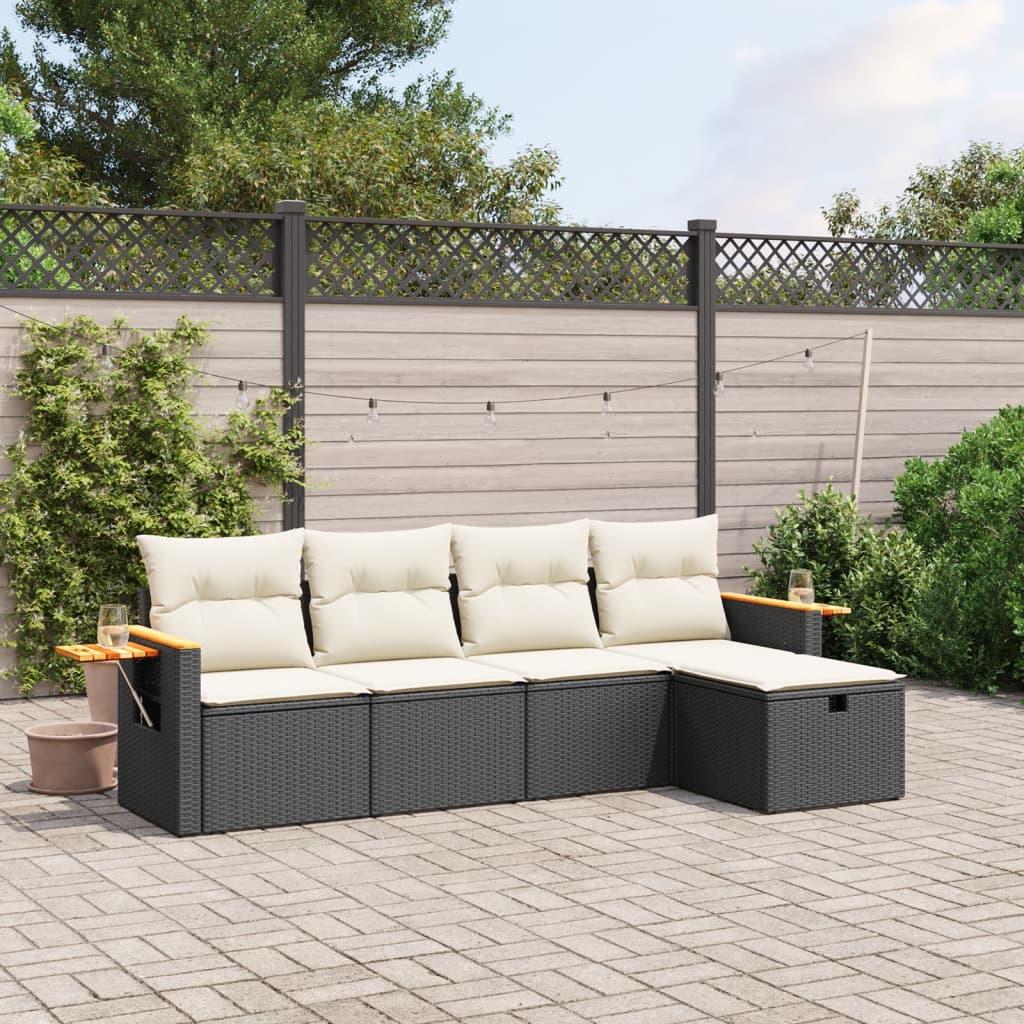 5 Piece Outdoor Sofa Set with Cushions Black Poly Rattan