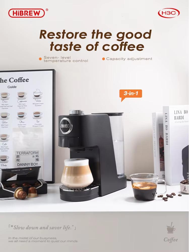 New HiBREW 3 In 1 Multiple Capsule Coffee Machine Hot/Cold DG Cappuccino Nes Small Capsule Ground Coffee Cafeteria H3C